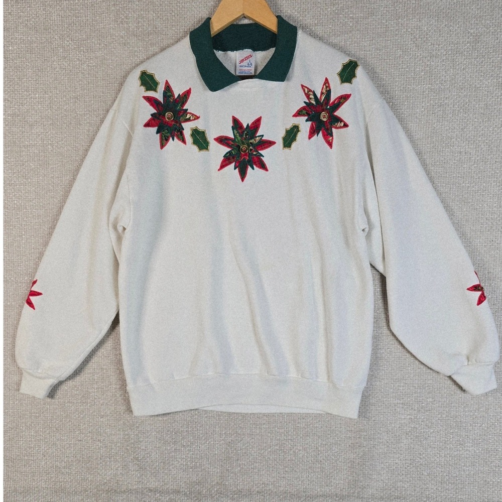 Vintage Jerzees Womens White Poinsettia Christmas Sweatshirt Collared Large USA